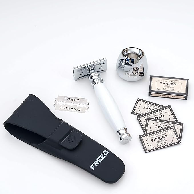 FREED Shaving Kit for Men - Safety Razor with alloy handle and 10 Japanese 6cr13 Stainless Steel include razor base razor travel case christmas gifts for MenMade in Taiwan