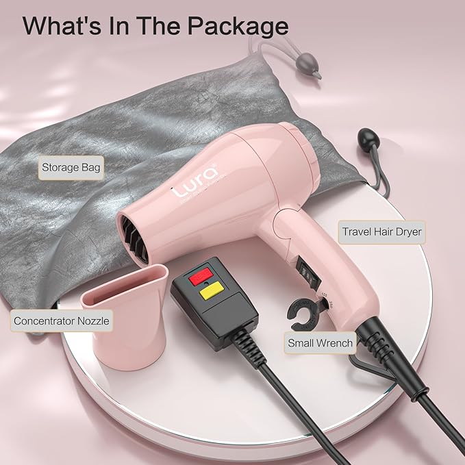 Foldable Travel Hair Dreyr Mini:Dual Voltage Small Lightweight Blow Dryer for International Travel1200w Compact Hairdryer with Concentrator and Travel Bag(Light Pink)