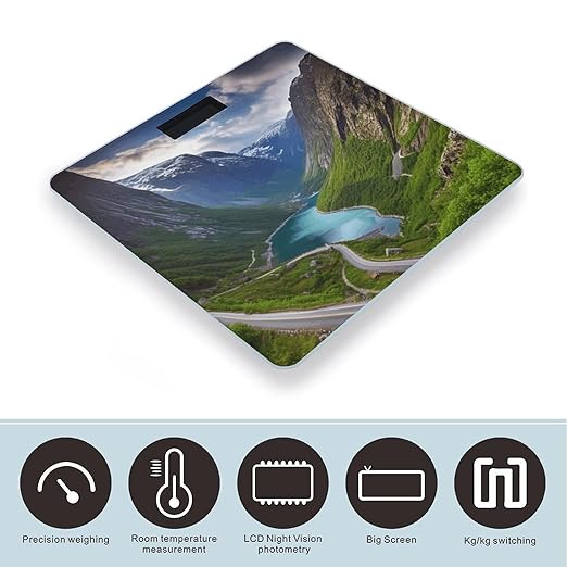 Norwegian Fjords Bathroom Scale Automatic Power On/Off Body Scales LCD Backlight Display Square Digital Scale Rounded Corners Bathroom Scales for Home Bedrooms