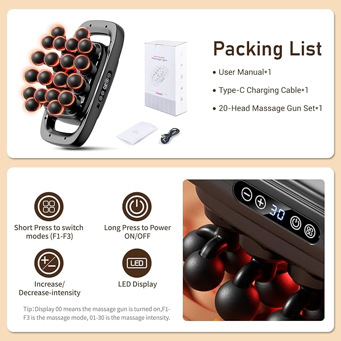 20 Heads Massage Gun Deep Tissue Valentine's Day Gifts Deep Tissue Massager with 3 Modes &amp 30 Levels &amp Ultra-Quiet Handheld Body Massager for Back Neck Shoulders and Legs