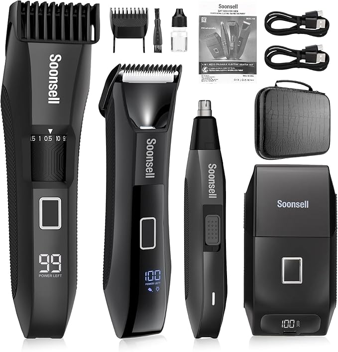 Soonsell Manscape Beard Trimmer for MenIPX7 Waterproof 4 in 1 Men's Grooming KitBall ShaverNose Hair ClippersElectric RazorHair Clippers for MenLED DisplayWet/Dry Trimmer