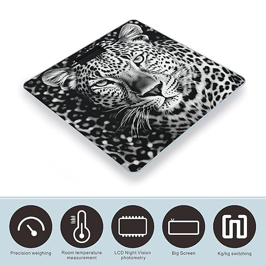 Black and White Leopard Face Bathroom Scale for Body Weight LCD Display Digital Bathroom Scale Tempered Glass Bathroom Weight Scales Fashion Smart Scales for Home Bedroom 400 Lb