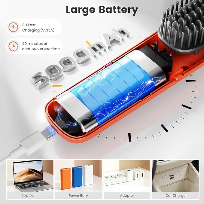 Cordless Hair Straightener Brush DOCOCO Straightening Brush with Adjustable Temperature Heat Brush Hair Straightener for Smooth Anti Frizz Hair Thick Curly Hair Brush Straightener for Women