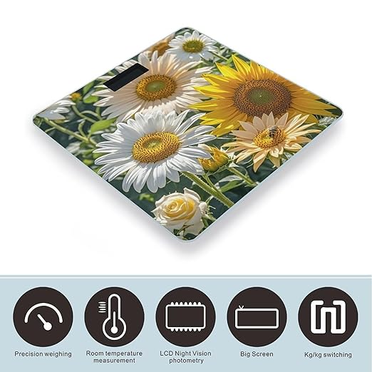 Sunflowers Daisy Rose Flowers Scale for Body Weight Highly Accurate Digital Bathroom Body Scale Digital Bathroom Scales for People Anti-Slip Large LCD Display Smart Scales