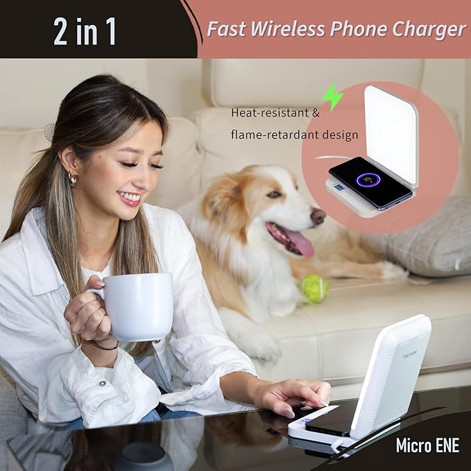 Light Therapy Lamp with Wireless Phone Charger Pad 2 in 1 10000 Lux Bright White UV-Free LED Anti-Glare 5 Adjustable Brightness Sunlight Lamp with Timer Energy Booster
