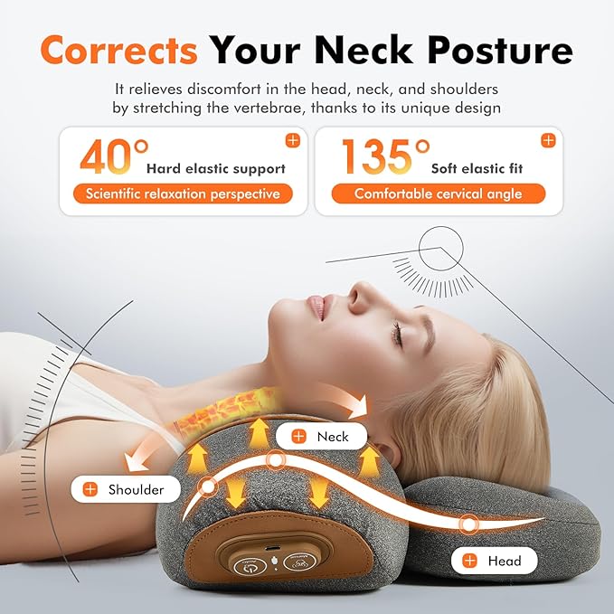 3-in-1 Heated Neck Massager Pillow for Pain Relief Deep Tissue Massage with Heat Vibration &amp Airbag Traction Portable Ergonomic Design Gift for Women/Men