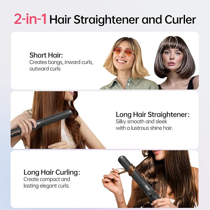 Hahahope Hair Straightener and Curler 2-in-1 360° Airflow Styler Curling Iron 1.25 Inch Curling Wand 20 Million Negative Ion Hair Care 5 Temps &amp Auto Off Dual Voltage (Black)