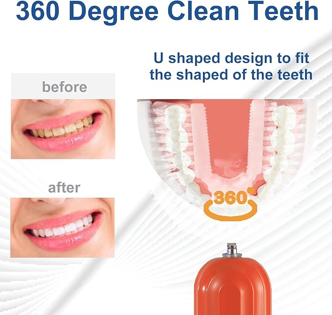 Ultrasonic U Shaped Toothbrush for Adults Electric Toothbrush for 360-degree Cleaning with Wireless Charging Waterproof IPX7 3 Modes for Teeth Whitening(Orange)