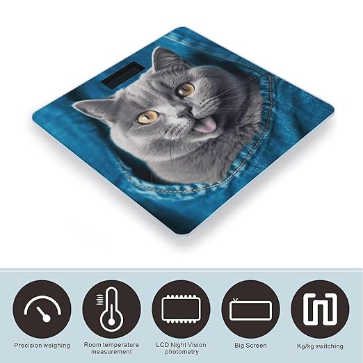 Blue Cat Sticking Out Tongue Scale for Body Weight Anti-Slip Tempered Glass Digital Bathroom Scales Clear LCD Display Weighing Scale Safe Rounded Corners Smart Scales