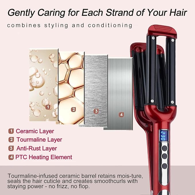 Wave Curling Iron 3 Barrel Hair Tool with Adjustable Temperature 100°C to 230°C for Women Fast Heating Anti-Scald 0.6 Inch Hair Crimper with Intelligent Power Off for All Hair Types (Red)