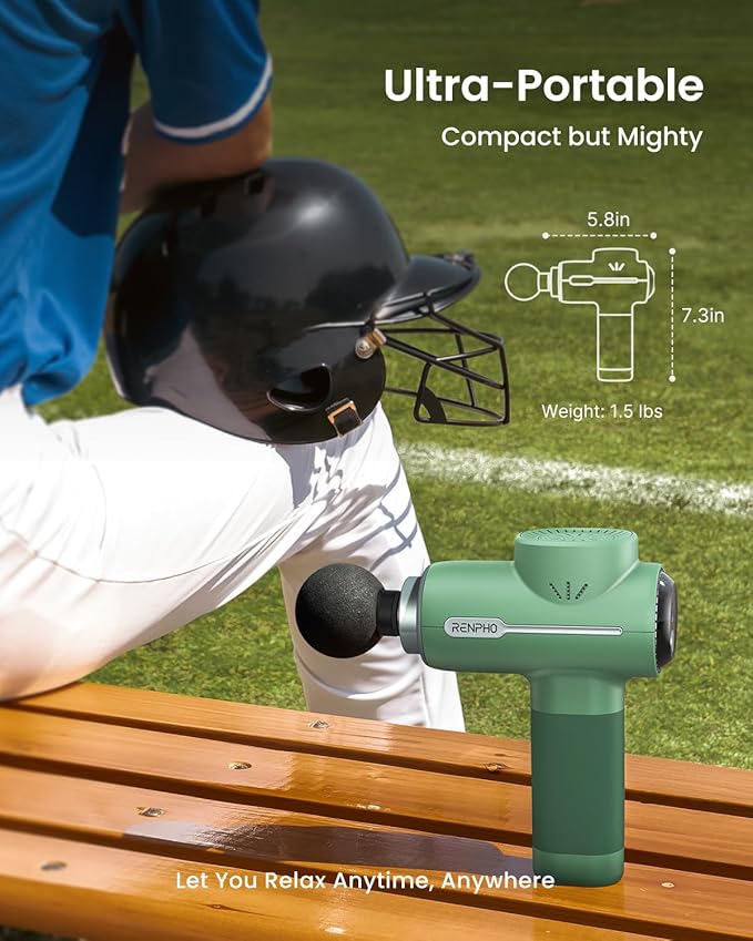 RENPHO Active Massage Gun Deep Tissue Percussion Massager for Back and Neck Portable Handheld Massager with 5 Speeds 5 Attachments Carry Case Green