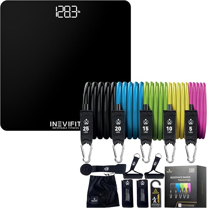 INEVIFIT Strength &amp Wellness Bundle Premium Bathroom Scale &amp 150 LBS Resistance Band Set for Home Workouts