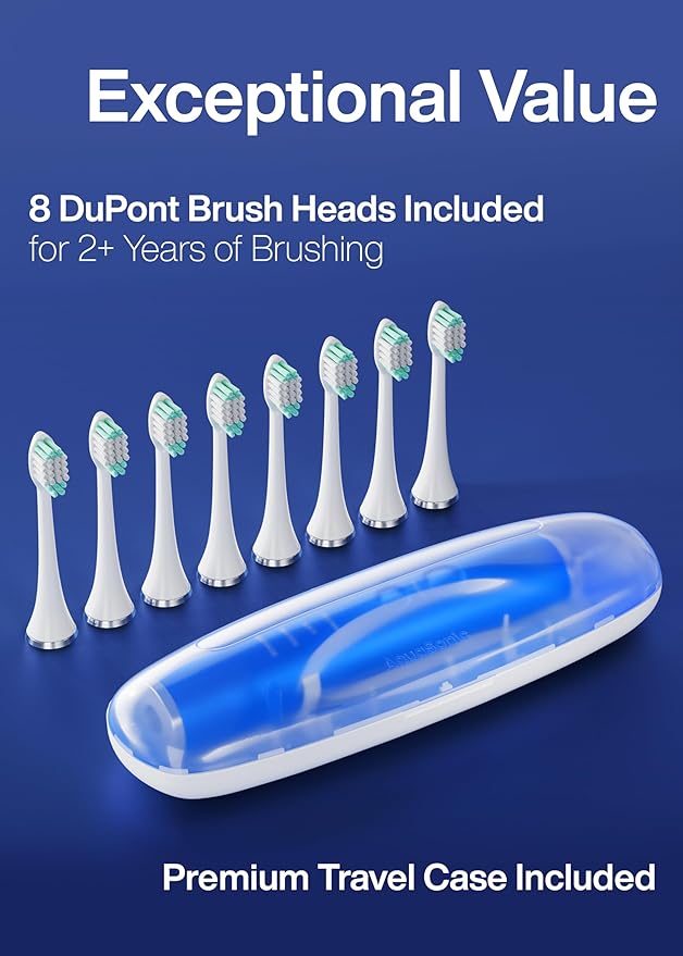 Aquasonic Vibe Series Ultra-Whitening Toothbrush – ADA Accepted Electric Toothbrush - 8 Brush Heads &amp Travel Case – 40000 VPM Motor &amp Wireless Charging - 4 Modes w Smart Timer – Sapphire Blue