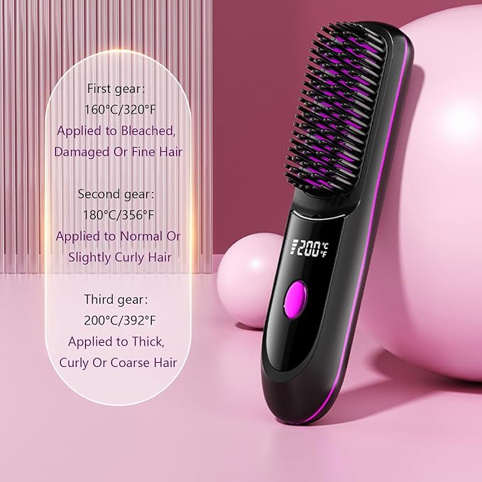 Go Brush Pro Hair Straightener – Cordless Comb with Base Negative Ion 6000mAh Fast Heating &amp Portable Travel Design Rechargeable Brush for Straightening and Curling (Black-1Pcs)