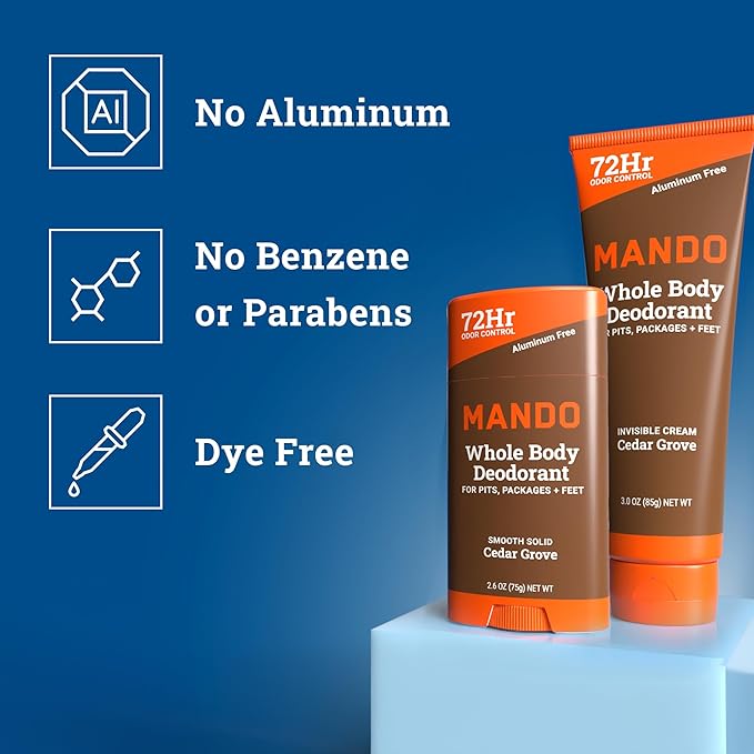 Mando Whole Body Deodorant - Invisible Cream Tube and Solid Stick - 72 Hour Odor Control - Aluminum Free Baking Soda Free Skin Safe - 3.0 Ounce Tube and 2.6 Ounce Solid Stick Bundle - Cedar Grove