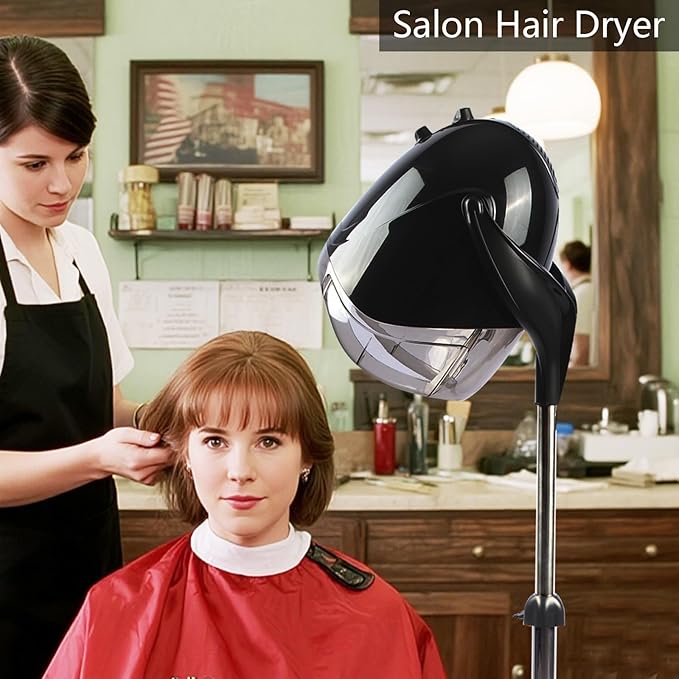 1000W Professional Hooded Hair DryerStanding Blow Hair Dryer with Cap and WheelsTemperature and time are AdjustableSuitable for Salon and Home (Black-Stainless Steel Column)