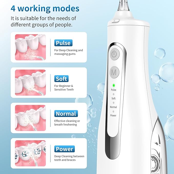 Cordless Oral Irrigator - 4 Modes Water Flosser for Teeth Cleaning 300ML Reservoir 360° Nozzle IPX7 Waterproof 2000mAh Rechargeable Battery 4 Jet Tips Smart Memory Function (M149 - White)