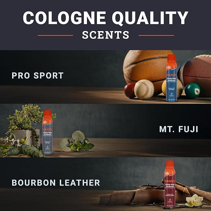 Mando Whole Body Deodorant For Men - Invisible Spray Deodorant - 72 Hour Odor Control - Low Irritation Formula - Aluminum Free Benzene Free - 3.6 ounce - 3pk - Bourbon Leather Mt Fuji Pro Sport
