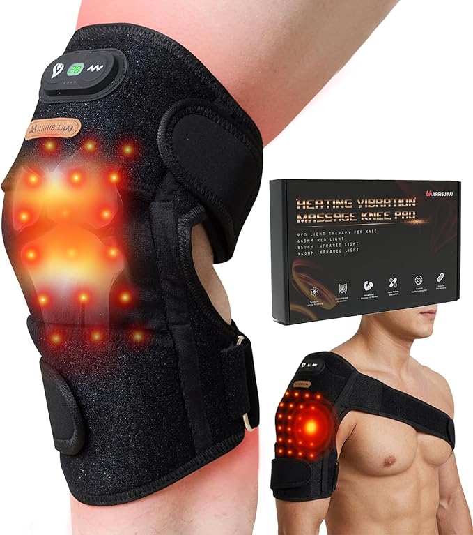 Red Light Therapy Wrap with Heat &amp Vibration 660nm 850nm 940nm Near Infrared Wireless 5000mAh Controller 30‑Min Auto‑Off for Knee Elbow Shoulder (BLACK-1-PACK)