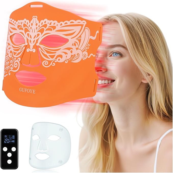 Red Light Therapy for Face Mask with Ice Compress 850nm Infrared Red Light Therapy 7+1 Light Modes Led Face Mask Light Therapy Level 5 Timing 3000mAh Led Mask Light Therapy for Home Orange