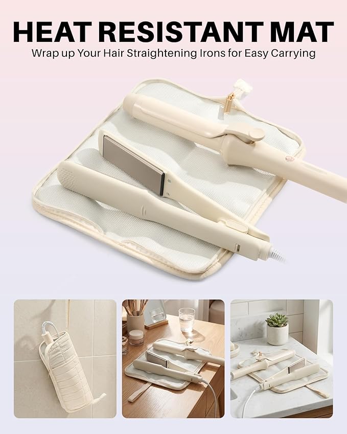 Hot Tools Travel Case with Heat Resistant Mat Pouch Large Hair Tool Organizer Bag for Curling Iron Flat Iron Hair Dryer Hot Air Brush Water Resistant Makeup Bag Gift for Women Beige