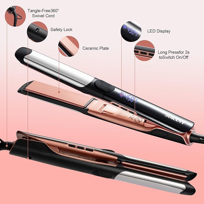 SOKANY Flat Iron Hair Straightener Titanium Curler 2 in 1 Dual Voltage Smart 3D Ceramic Floating Plates Ionic Straightener 8 Temps Settings Fast Heating &amp Heat Protection