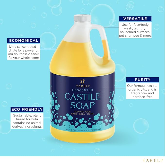 YARELI Pure Castile Soap Liquid Unscented with All Organic Oils for Adults Kids and Babies as Body Wash or Hand Soap 64oz Refill