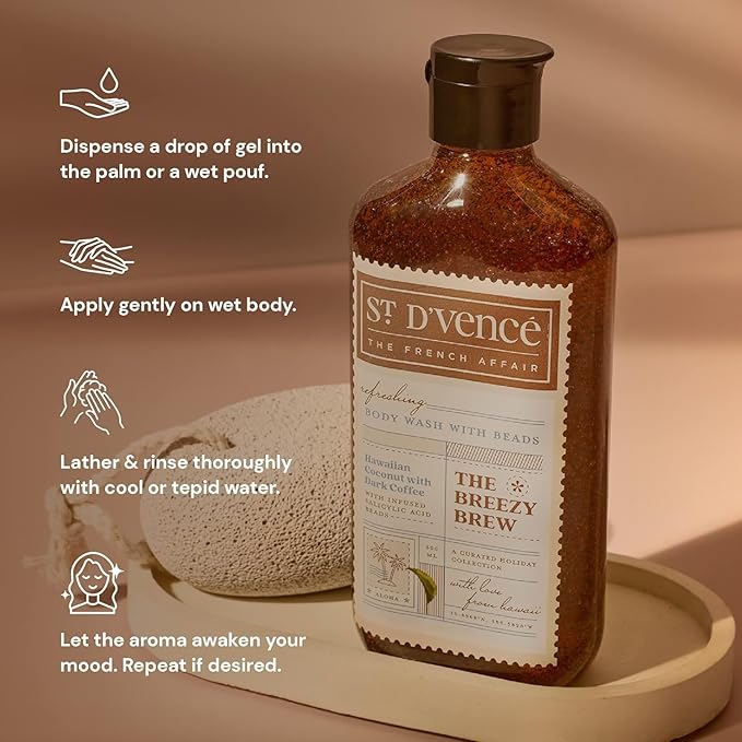 St. D’vence Breezy Brew Salicylic Acid Body Wash Shower Gel for Women &amp Men with Coffee &amp Coconut | Deep Cleansing Paraben &amp SLS Free | Body Wash for Summer - 300 ml