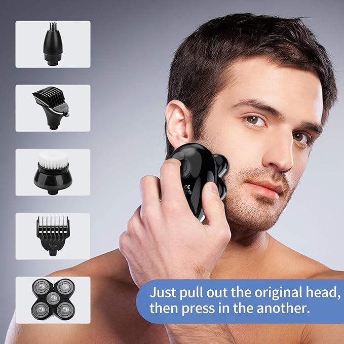 Electric shavers for Men Cordless Rechargeable Electric Razor Bald Head Shaver 5 in 1 Nose Beard Trimmer Hair Clipper Facial Grooming Kit Waterproof Wet Dry Rotary Shaver with Cleansing Brush