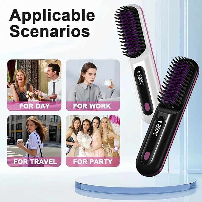 Cordless Hair Straightener Brush for Women Portable Travel Hair Straightener Brush Ionic Ceramic Mini Hot Comb with Fast Heating 3 Heat Settings USB Rechargeable Anti-Frizz Styling Tool (White)