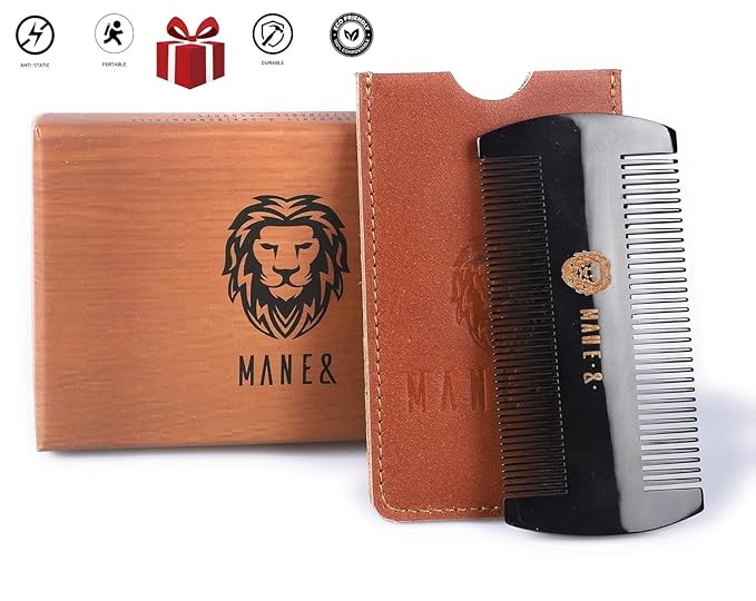 Premium 100% Oxhorn Dual-Action Beard Comb with Genuine Leather Case – the Perfect Beard Grooming Gift for Men by Man &amp Mane.