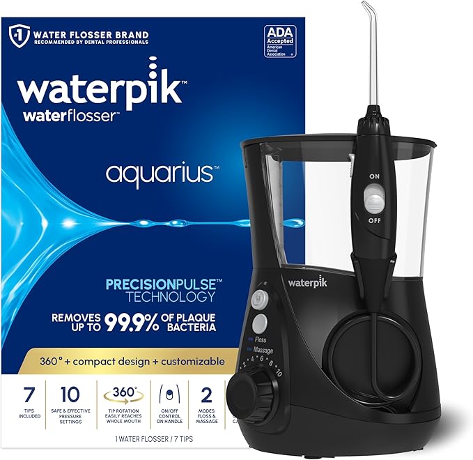 Waterpik Aquarius Water Flosser For Teeth Cleaning Gums Braces Dental Care Electric Power With 10 Settings 7 Tips For Multiple Users And Needs ADA Accepted Black WP-662 Packaging May Vary