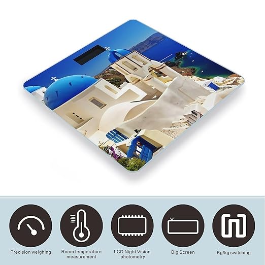 Santorini Greek Island Sea View Scale for Body Weight Anti-Slip Sturdy Tempered Glass Weighing Machine Highly Digital Accurate Bright LCD Bathroom Scale for Household Gift