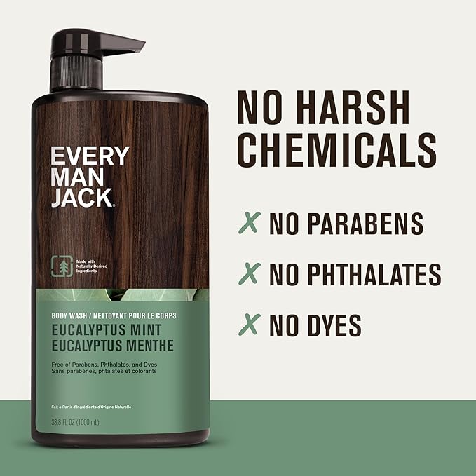 Every Man Jack Eucalyptus Mint Hydrating Mens Body Wash for All Skin Types - Cleanse Nourish and Hydrate Skin with Naturally Derived Ingredients - Paraben Free Phthalate Free Dye Free - 33.8oz