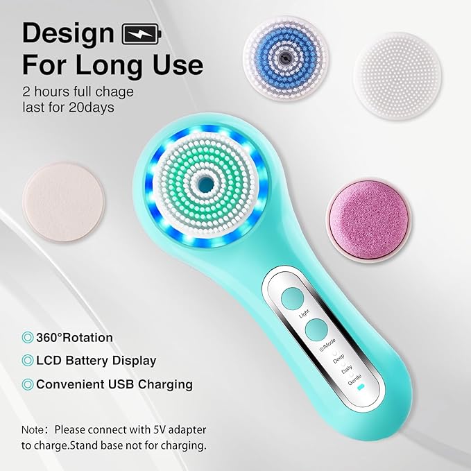 Electric Facial Cleansing Brush 2-Way Rotating Face Scrubber for Daily &amp Deep Cleaning 3 Modes 5 Brush Heads Rechargeable IPX7 Waterproof for All Skin Types