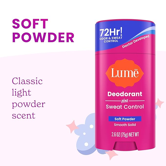 Lume Deodorant Plus Sweat Control - Smooth Solid Stick - Extra Strength Antiperspirant - 72 Hour Odor And Sweat Control - Baking Soda Free Skin Loving - 2.6 ounce (Soft Powder) Pack of 2