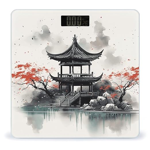 Chinese Ink Painting Digital Bathroom Scale for Body Weight Weighing Scale with Backlit LCD Display High Precision Measurements &amp Measures Weight Up to 180kg