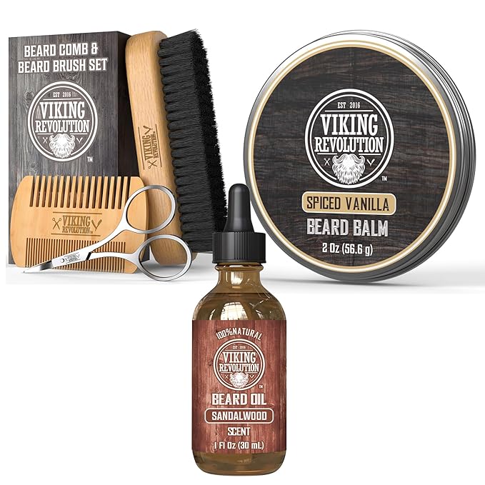 Viking Revolution Natural Boar Bristle Brush and Pear Wood Comb Set for Men Sandalwood Beard Oil and Spiced vanilla Beard Balm with Argan and Jojoba Oil - Beard Softener Strengthens and Moisturizes