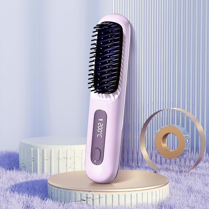 Portable Straightener Brush 2025 New Straight and Curly Dual-Purpose Curling Rod Mini Dual Purpose Curling Iron for Women (Purple)