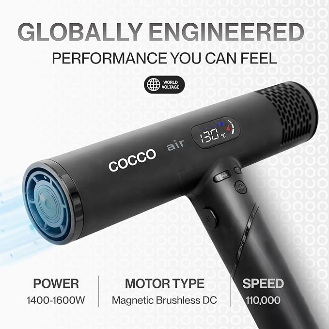 COCCO Iconic Air Ionic Hair Dryer Black – Professional High-Speed 110000 RPM Brushless Blow Dryer with Diffuser – Infrared Technology 4 Heat Modes Dual Voltage Lightweight Salon Hair Dryer