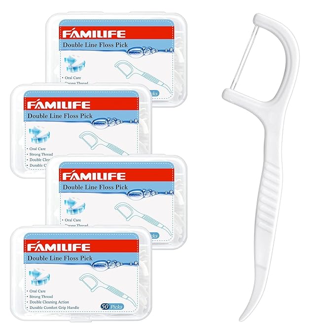 FAMILIFE Floss Picks Mint Dental Floss Picks with 4 Travel Handy Cases 240 Count Flossers and Double Line Flossers 200 Count Unwaxed Flossing Thinner and Tougher Unflavored Threader Flosser