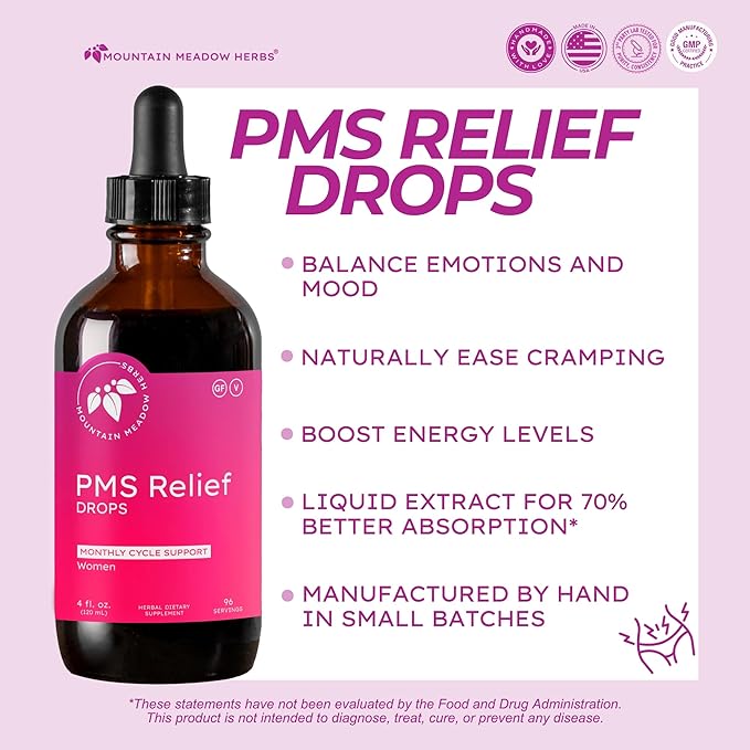 Mountain Meadow Herbs PMS Relief Drops | Liquid Herbal Supplement for Menstrual Period Discomfort | Hormonal Support for PMS Cramps Mood Swings &amp Acne with Chaste Tree Berry (Vitex) &amp Wild Ya