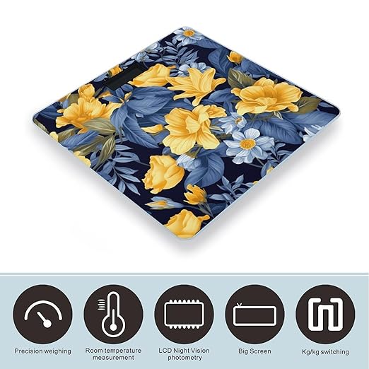 Blue Base Yellow Floral Scale for Body Weight Safe Rounded Corners Tempered Glass Digital Bathroom Scale LED Display 400lb Capacity Weight Scales with High Precision Sensors