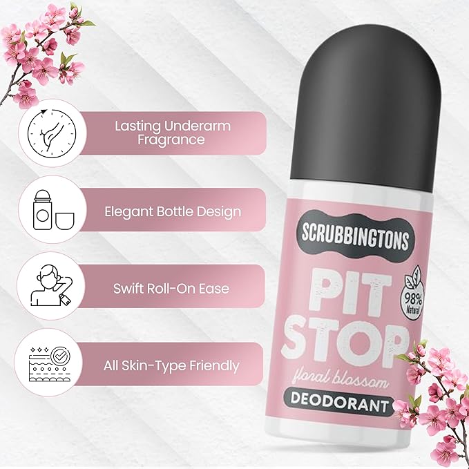 Scrubbingtons Pit Stop 98% Natural Deodorant For Women Roll on For Sensitive Skin Made in UK. Paediatrician approved Aluminium &amp Alcohol Free Vegan &amp Cruelty Free Floral Blossom 75ml x 4