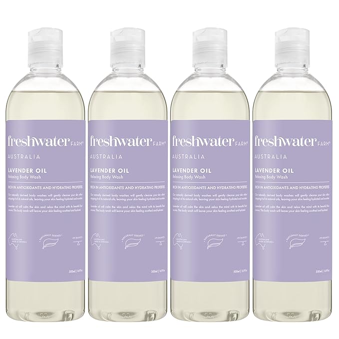 Freshwater Farm Australia Naturally Derived Shower Gel Body Wash - Paraben Phthlate Free Relaxing Lavender Oil - Moisturizing Body Wash for Women - 16.9 fl oz 4PK