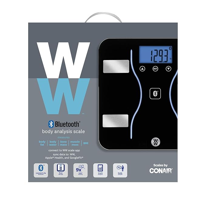 Weight Watchers Scales by Conair Bathroom Scale for Weight Glass Digital Scale Bluetooth Scale BMI Scales Digital Weight and Body Fat for up to 9 Users Measures Weight up to 400 Lbs Black