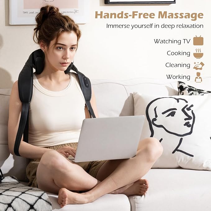 COSTWAY Neck Shoulder Massager 4D Deep Tissue Kneading Shiatsu Machine with 2 Heat Levels for Pain Relief Portable Cordless Neck Back Leg Massager Pillow Gift for Family Women Men Black