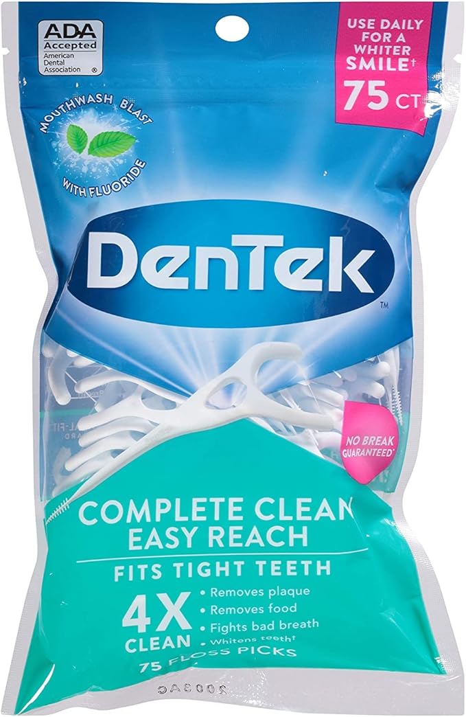 DenTek Complete Clean Easy Reach Floss Picks No Break &amp No Shred Floss 75 Count (Pack of 12)