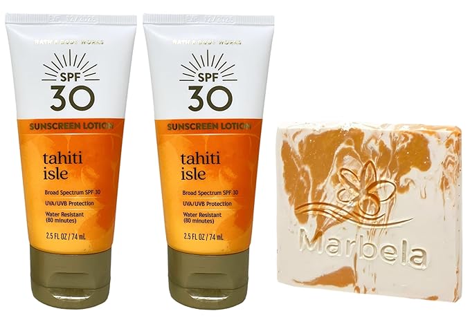 Bath &amp Body Works Tahiti Isle 2 SPF 30 Sunscreen Lotions Travel Size with a Peach Gardenia Sample Soap