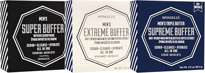 SPONGELLÉ Men’s Supreme Super and Extreme Buffer Set | Dual-Sided Scrubber &amp Body Wash Infused | Deep Cleansing &amp Exfoliating | 20+ Washes